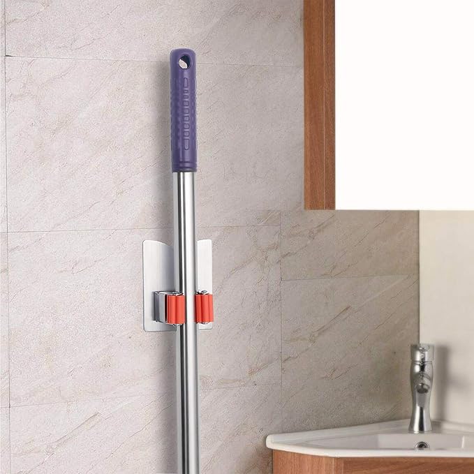 Broom and Mop Holder Wall Mounted, Stainless Steel Self Adhesive Single Broom Hanger Hook, Heavy Duty Organizer Rack, V-Shape Orange, 4 Pack