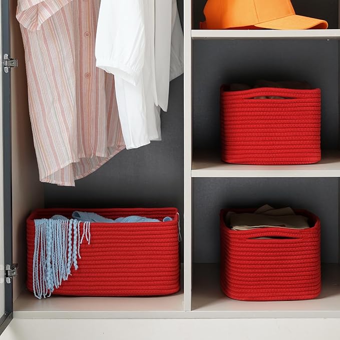 3-Pack Small Storage Baskets for Organizing | Woven Shelf Toy Basket | Rope Baskets for Gifts Empty | Closet Organizer Bins with Handles | Cube Decorative Box | 11.8×7.8×5.1” | Christmas Red-NeatNest