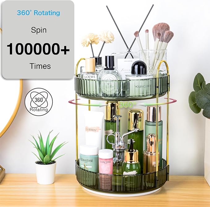 360 Rotating Makeup Organizer - Large Capacity Spinning Perfume & Cosmetic Skincare Holder for Vanity & Countertop (Gem Green, 2 Tier)-NeatNest