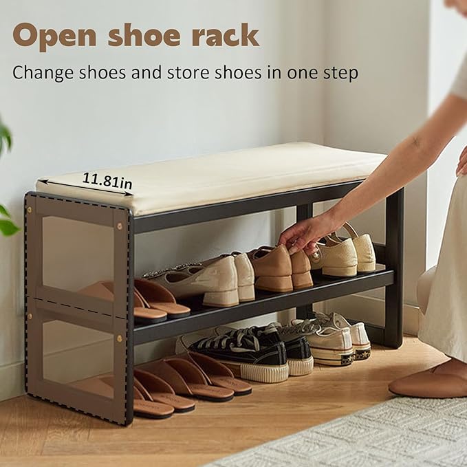 Entryway Shoe Bench, 2-Tier Solid Wood Shoe Bench Entryway for Entryway Bathroom Bedroom (Black, 31.5 INCH)