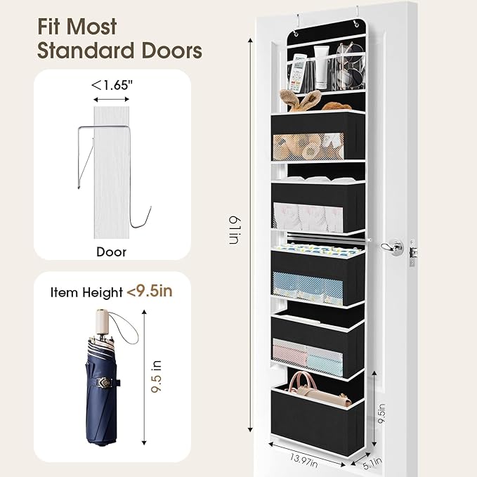 6-Tier Over The Door Organizer Hanging Storage Organizers with Clear Window 40lb Large Capacity Room Organizer for Pantry Bathroom Nursery Closet(Black)-NeatNest