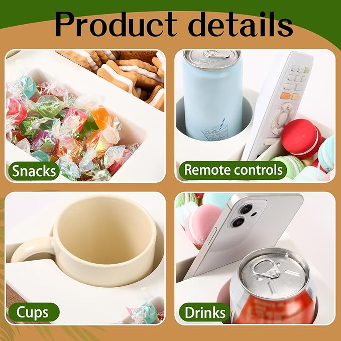 Yerliker Couch Cup Holder Tray, Silicone Couch Caddy Waterproof Anti-Spill Sofa Cup Holder for Sofa Bed Car Seat Organizer, Christmas Hold Mugs, Drinks, Snacks, Phones, Remotes(White,Acacia)-NeatNest