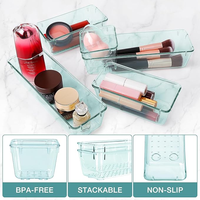10 PCS Drawer Organizer Set, 4 Varied Size Bathroom and kitchen Drawer cabinet organizer Trays, Clear Storage Bins for Makeup, Jewelry, Utensils and Gadgets-NeatNest