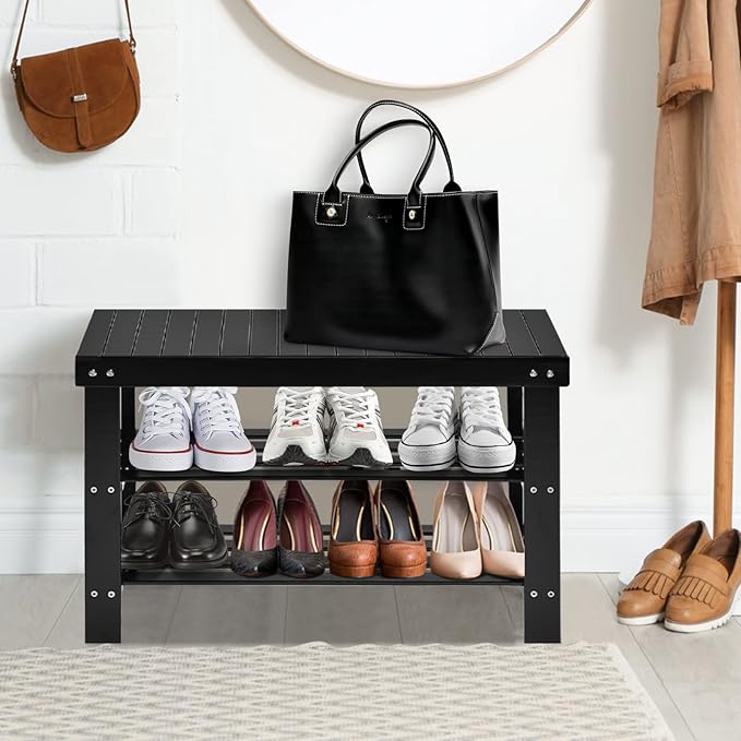 Giantex Entryway Shoe Bench, Bamboo Shoe Shelf Organizer Holds up to 6 Pairs, 3-Tier Black Shoe Storage Rack Heels, Slippers for Entry, Living Room, Bathroom (Black)