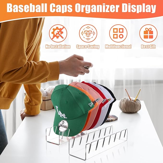 Hat Stand for Baseball Caps, 2 Pack No Install Acrylic Hat Organizer for 14 Baseball Caps Storage Organizer, Hat Racks Hat Holder Display and Organization for Closet, Bedroom, Dresser (Clear-2Pack)-NeatNest