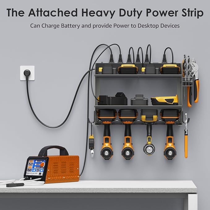CCCEI Set Power Tool Organizer Wall Mount with Charging Station. Garage 4 Drill Storage Shelf with Hooks, Heavy Duty Metal Tool Battery Charger Organizer. Shop Utility Rack with Power Strip Grey.-NeatNest