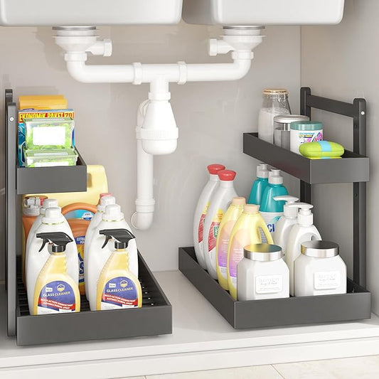 Under Sink Organizer - 1-Tier Pull Out Cabinet Organizer Vertical Slide Out Sink Shelf Storage Shelves for Multi-Purpose Bath Kitchen Bathroom Medicine (Black, 2 Packs)-NeatNest