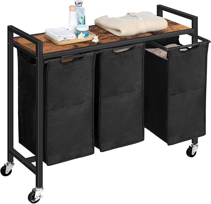 HOOBRO Laundry Sorter 3 Section, Laundry Hamper with Wheels, 3 × 11.5 Gal (43.5 L), Rolling Laundry Basket, Pull-Out and Removable Oxford Fabric Laundry Bags, Rustic Brown and Black BF76XY01-NeatNest