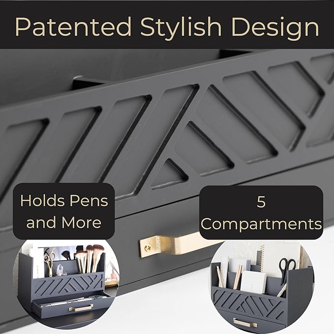 BLU MONACO Grey Wooden Desk Organizer with Drawer and Gold Handle – Perfect Desk Accessories for Home Office Organization – Desktop Mail Storage for Office Supplies-NeatNest