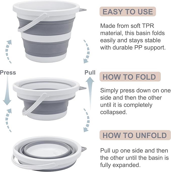 2-Pack Small Collapsible Bucket 1.3 Gal/5L, BPA-Free - Space-Efficient, Portable Foldable Water Pail for Household, Outdoor Use, Car Wash, Camping, Fishing - Grey-NeatNest