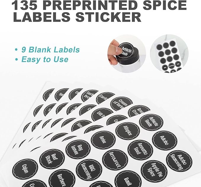 Black Countertop Rotating Spice Rack, Round Empty 20-Jars Revolving Spice Rack Organizer, 135 Spice Labels with Funnel Complete Set, for Kitchen Countertop, Cabinet-NeatNest