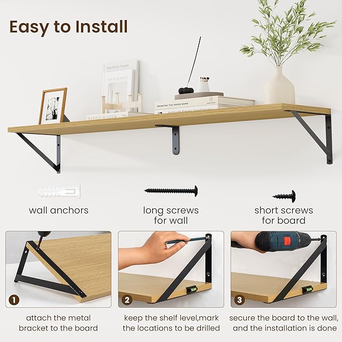 Fun Memories Deep Floating Shelves for Wall, 48W x 8D Wall Mounted Shelves Set of 2, Wide Display Ledge Shelf with Sturdy Metal Brackets for Living Room, Bathroom, Bedroom and Kitchen, Oak-NeatNest
