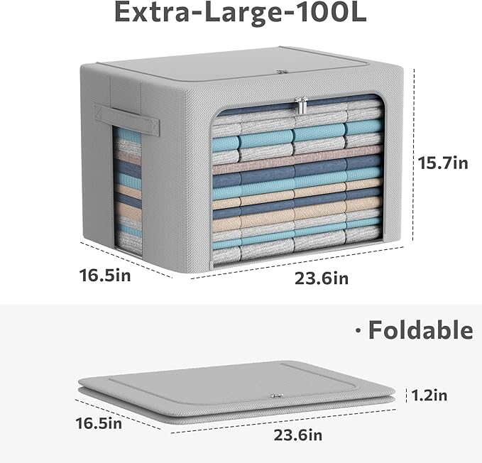 3Pack Frame Storage Box - Clothes Storage Bin Bags Oxford Fabric Foldable Stackable Container Organizer Set with Clear Window & Carry Handles (Grey, Extra Large-100L)-NeatNest