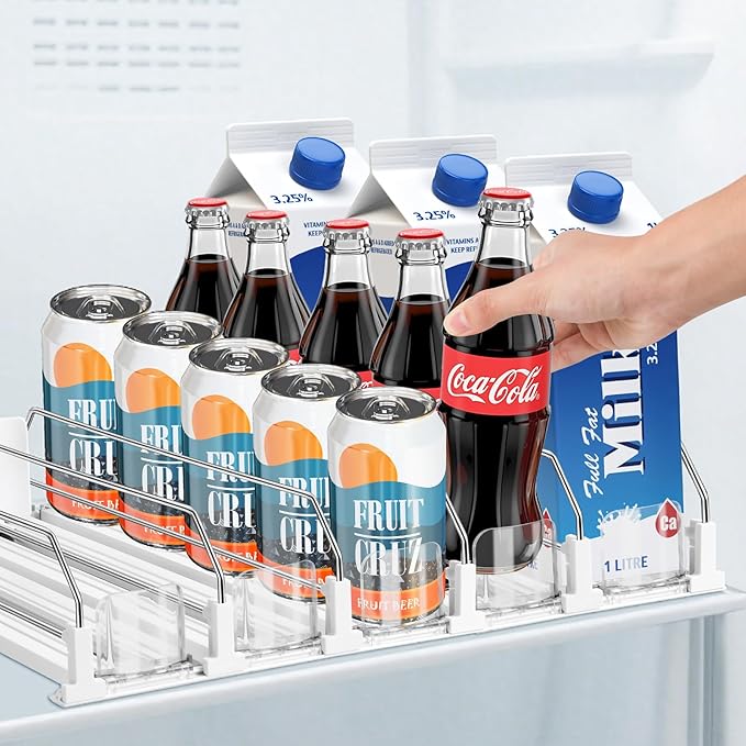 Drink Organizer for Fridge, Adjustable Width Soda Can Dispenser for Refrigerator Organizers and Storage, 5 Rows Beer Bottle Beverage Holder with Pusher Glide (16.54" L, White)