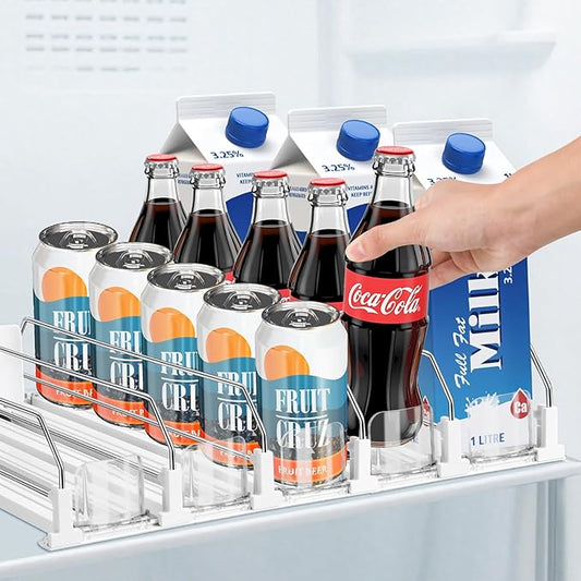 Drink Organizer for Fridge, Adjustable Width Soda Can Dispenser for Refrigerator Organizers and Storage, 5 Rows Beer Bottle Beverage Holder with Pusher Glide (16.54" L, White)