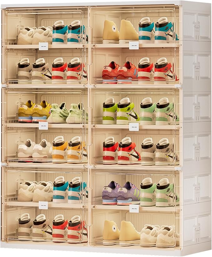 JEKO&JEKO 6 Tiers Foldable Shoe Rack Organizer Cabinet for Closet Entryway, Large Collapsible Shoe Storage Box with Magnetic Doors Fits Up to 24 Pairs (White)-NeatNest