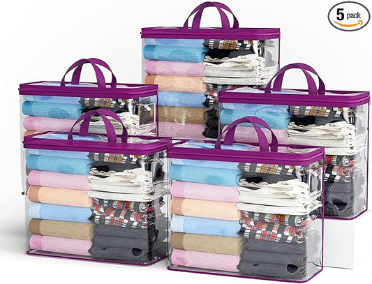 5PACK Clear Zippered Storage Bags for Clothes, 22L Closet Organizers Bag, and Blanket Storage Bags for Bedding, Linen, Blankets, Comforters, Clothing & Toys (Purple)-NeatNest