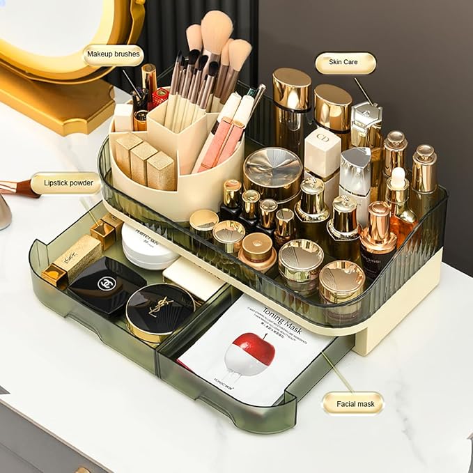 Makeup Organizer Countertop - Dual Drawer Cosmetic Storage with Spacious Compartments for Vanity, Holds 20 Brushes, 12 Lipsticks, 10 Skincare Bottles, Chic Modern Design