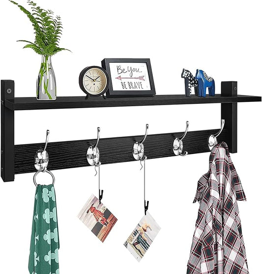 Homode Coat Rack Wall Mount with Shelf, 24" Long Entryway Shelf with Hooks Underneath, Wooden Coat Hanger for Hanging Hats, Bathroom Towels, Clothes, Black