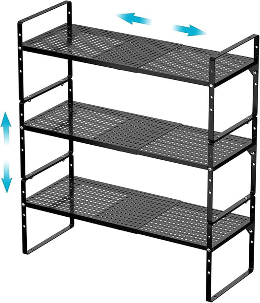 iPEGTOP 3 Pack Large Expandable Cabinet Storage Shelf, Heavy Duty Stackable Steel Metal Spice Rack Adjustable Height Home Office Pantry Garage Shelves for Counter Kitchen Organization, Black-NeatNest