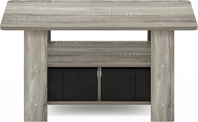 Furinno Andrey Coffee Table with Bin Drawer, French Oak Grey/Black-NeatNest