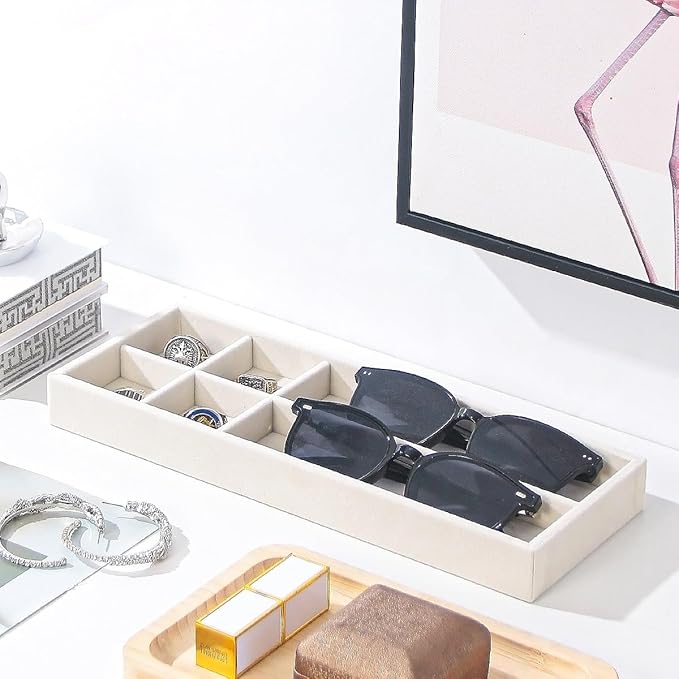 2Pcs Desk Drawer Storage Tray, Nightstand Organizer, Necklace Bracelet Ring Earring Jewelry Display, Grid Table Organizer Holder for Sunglass, Phone, Watch, Perfume (6 grid)/Beige-NeatNest