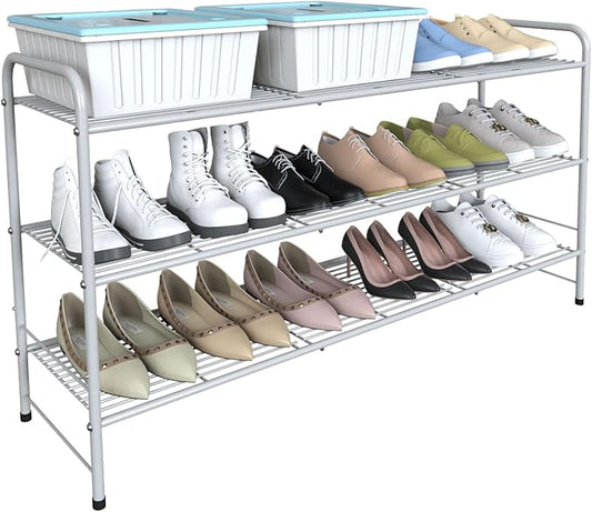 3-Tier Long Metal Shoe Rack,Extra Large Capacity Adjustable Stackable Shoe Organizer Shelf for Closet Entryway,Silver 42" W × 24.5" H-NeatNest