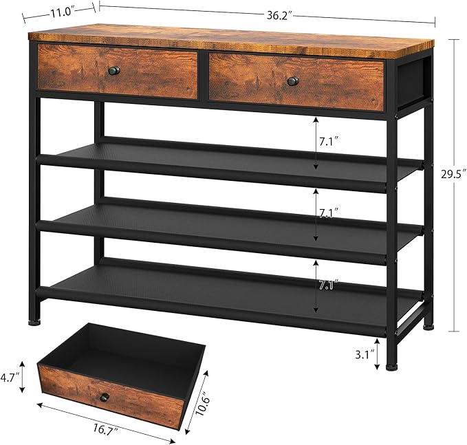 usikey Shoe Rack, 4 Tier Shoe Storage Organizer with 2 Drawers, Metal Shoe Shelf for 12-15 Pairs of Shoes, with 3 Fabric Shelves and Wooden Top, Shoe Stand for Closet Entryway, Rustic Brown-NeatNest