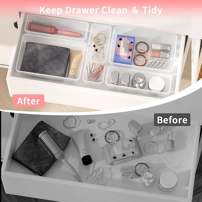 15 PCS Clear Plastic Drawer Organizer Set, 4 Sizes Versatile Bathroom Drawer Organization and Storage Trays, Non-Slip Desk Vanity Storage Bins for Makeup Jewelry Kitchen Utensil Gadget Office-NeatNest