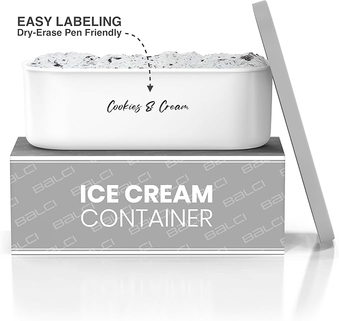BALCI - Ice Cream Container - 2 Quart - Perfect Reusable Freezer Storage for Homemade Ice Cream Tubs for Sorbet, Frozen Yogurt and Gelato! - Flexible Silicone Lids, Long Scoop, Stackable - Grey