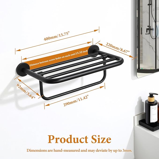 Alise 16 Inch Towel Racks for Bathroom, Foldable Towel Hanger Towel Shelf with Tower Bar, Heavy Duty Towel Holder, SUS 304 Stainless Steel Wall Mount Towel Rail, Matte Black