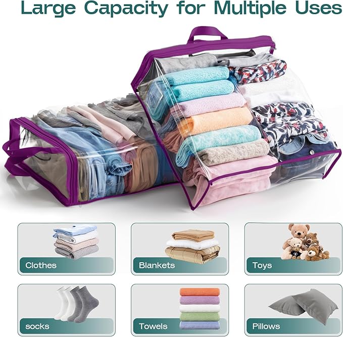 5PACK Clear Zippered Storage Bags for Clothes, 22L Closet Organizers Bag, and Blanket Storage Bags for Bedding, Linen, Blankets, Comforters, Clothing & Toys (Purple)-NeatNest