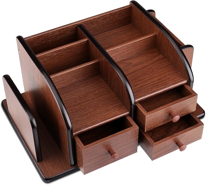 Flexzion Wooden Desk Organizer w/Drawers - Classic Wood Office Supplies Accessories Desktop Tabletop Sorter Shelf Rack Cherry Brown Pencil Holder Caddy Set with 3 Drawers, 3 Compartments & 2 Shelves-NeatNest