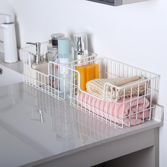 Wire Storage Basket 2 Packs, Wall Mounted Kitchen Bathroom, Hanging Cabinet Door Storage Basket, no Drilling, Supporting 2 Types of Hooks, Strong Bearing, Suitable for Home, White