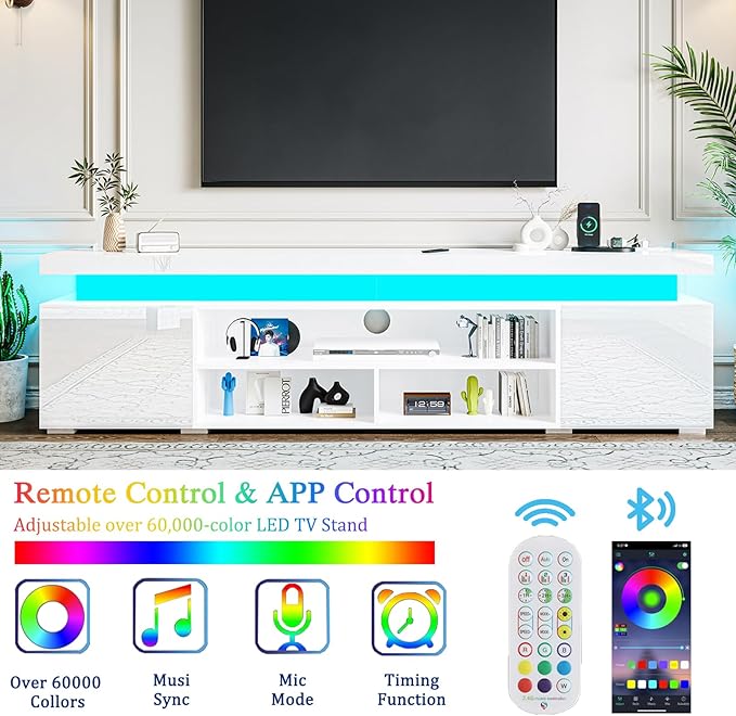 72" Modern TV Stand with LED Lights and Power Outlet for TVs Up to 80 inch, High Gloss Finish Entertainment Center, TV Console Cabinet with Storage for Living Room, White-NeatNest