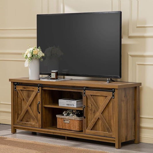 GAZHOME Modern Farmhouse TV Stand with Sliding Barn Doors, Media Entertainment Center Console Table for TVs up to 65”,2-Tier Large Storage Cabinets,Rustic TV Stand for Living Room Bedroom,Brown-NeatNest