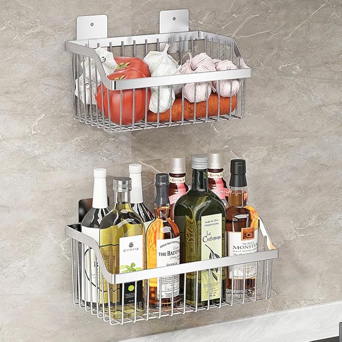SUS304 Stainless Steel Wire Basket, Hanging Wall Organizer Cabinet Storage Basket, Wall Mounted Shelves for Home Kitchen Bathroom, 2-Pack-NeatNest