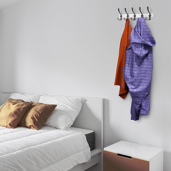 Coat Rack Wall Mount with 5 Tri Hooks, Stainless Steel 16 Inch – White & Black Matte Finish, Heavy Duty Wall Mounted Hook Rack for Coats, Hats, Towels, Scarfs, Robes, Bags, Entryway & Bathroom, 4 Pack-NeatNest