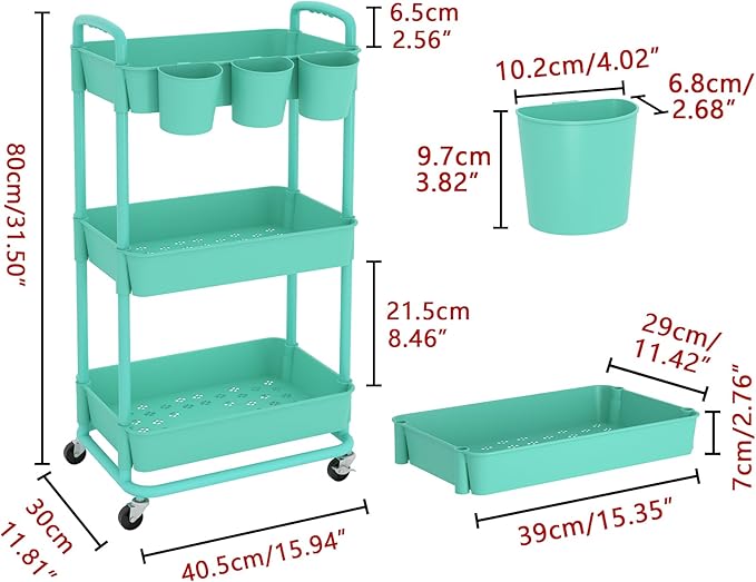 JIUYOTREE 3-Tier Plastic Rolling Storage Cart Utility Cart with Extra Hanging Cups Handles Lockable Wheels for Living Room Bathroom Kitchen Office Green-NeatNest