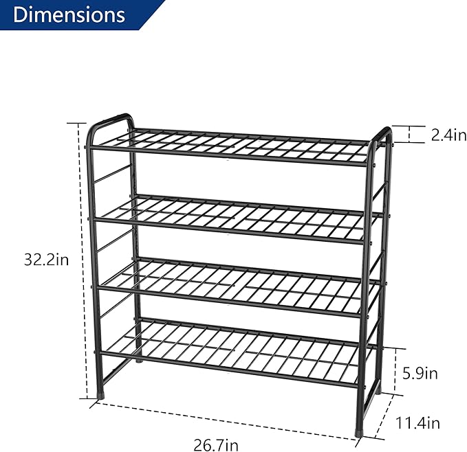 REGILLER 4-Tier Stackable Shoe Rack, Expandable & Adjustable Shoe Organizer Storage Shelf, High Capacity, Wire Grid, Black-NeatNest