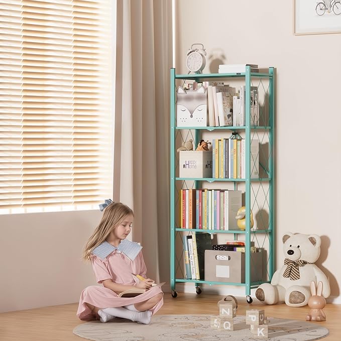 ALANNG 2-Pack Folding Bookshelf on Wheels, Cute Rolling Shelves for Bedroom, Colorful Storage Cart for Kids Rooms, Nursery, No Assembly Metal Book Shelf (5 Tier, Mint Green)