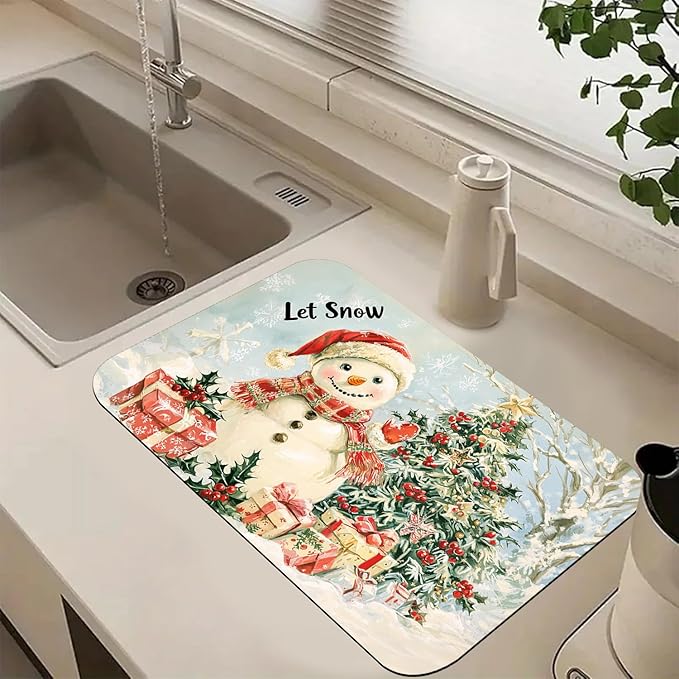 Hello Winter Dish Drying Mats for Kitchen Counter Absorbent Fast Dry Dish Drainer Rack Mats for Dishes Utensils Pot and Pan, Kitchen Accessories 20"x12"