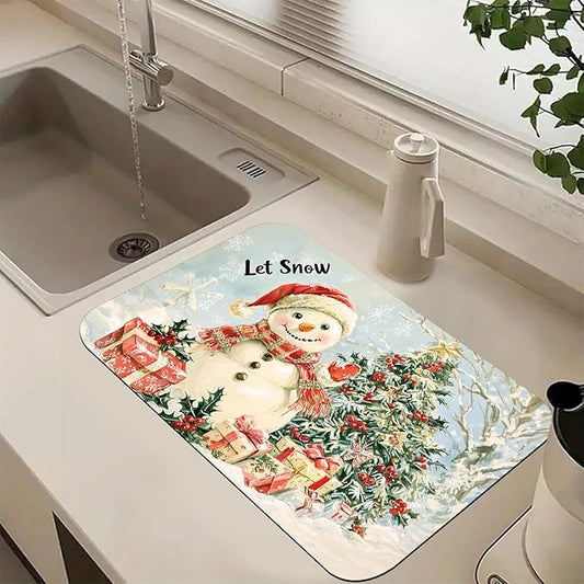 Hello Winter Dish Drying Mats for Kitchen Counter Absorbent Fast Dry Dish Drainer Rack Mats for Dishes Utensils Pot and Pan, Kitchen Accessories 20"x12"