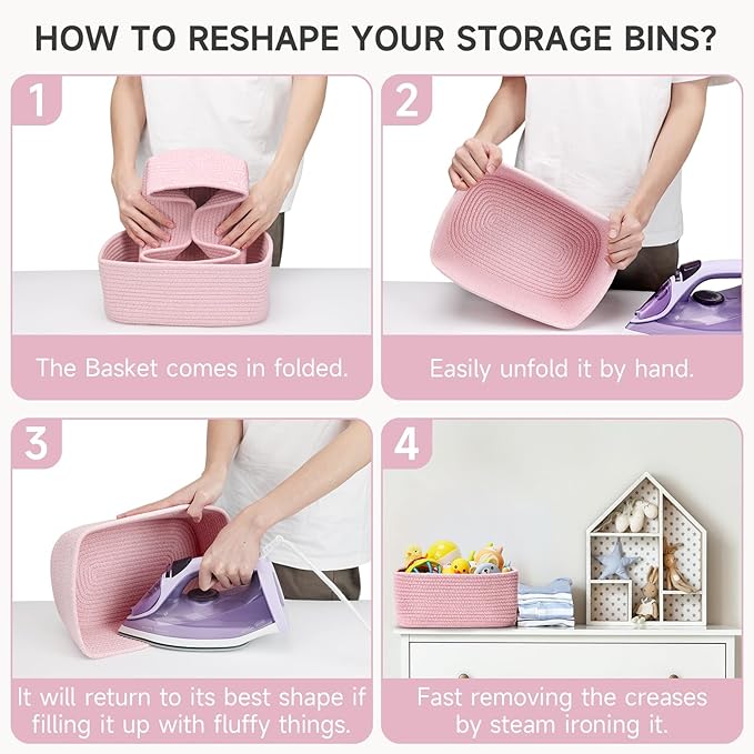 3-Pack Storage Baskets for Organizing | Woven Shelf Toy Basket | Rope Baskets for Gifts Empty | Closet Organizer Bins with Handles | Cube Decorative Box | 13.7×7.1×6.7” | Mixed Pink-NeatNest