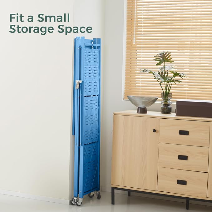 DEANIC 4 Tier Foldable Storage Shelves with Wheels, Large Capacity Shelving Unit, Freestanding Metal Wire Shelf Rack, No Assembly Organizer Rack for Garage Kitchen, Basement(Blue)-NeatNest