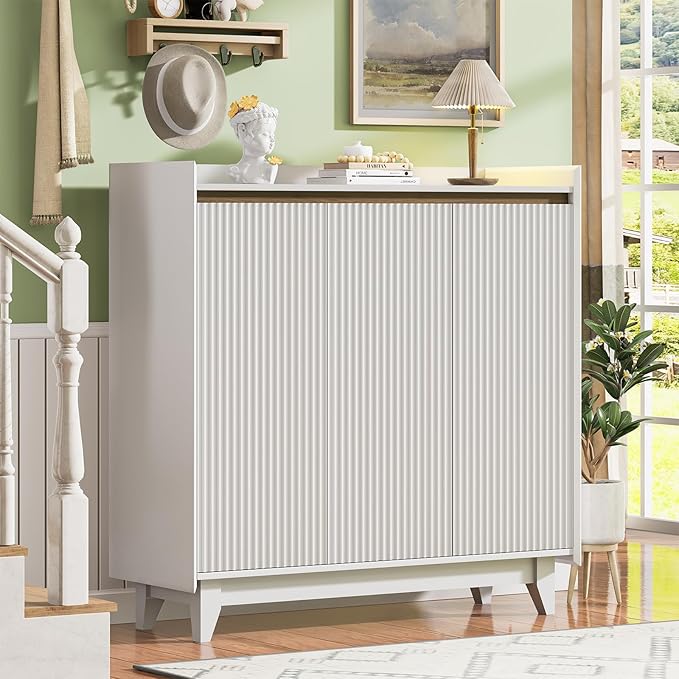 Wave Fluted Shoe Storage Cabinet with 3 Doors, 6-Tier Shoe Cabinet with Adjustable Shelves, 43.7”H Tall Shoe Cabinet Storage for Entryway Hallway White Shoe Rack Organizer Freestanding Cabinet-NeatNest