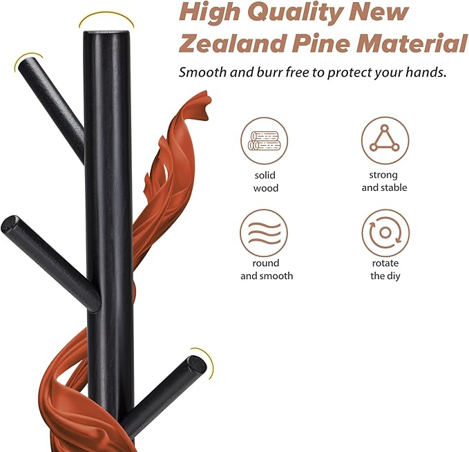 Wooden Coat Rack, Free Standing Coat Rack with 8 Hooks 3 Adjustable Heights for Clothes, Hats, Handbags, Coat Tree Easy Assembly for Entryway, Bedroom, Hallway, Office (New Black)-NeatNest