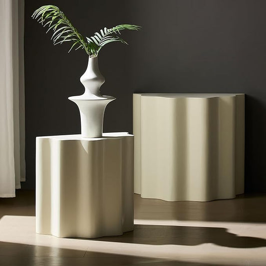 Coffee Table Set of 2,Wavy Edges Design Fiberglass Side Table for Living Room,Bedroom,Modern Design End Table for Apartment,No Need Assembly,Beige