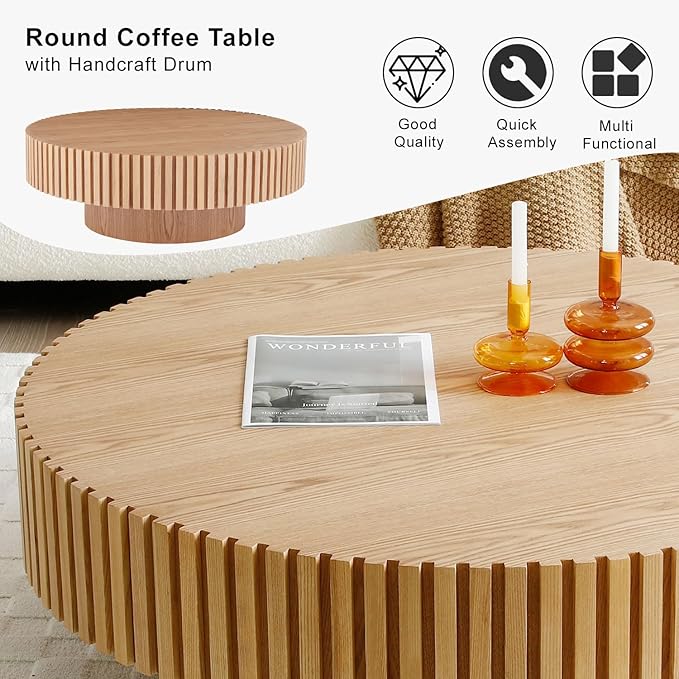 31" Round Coffee Table for Living Room, Mid Century Modern Coffee Table with Sturdy Pedestal, Circle Center Table Accent Tea Table for Apartment ASH