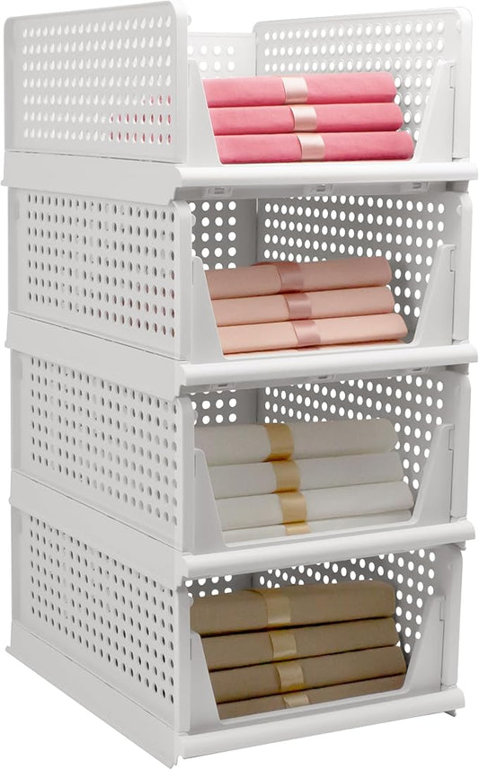 Stackable Foldable Storage Baskets, Folding Storage Bins, Closet Organizers and Plastic Drawer Shelf Storage Container for Wardrobe, Cupboard, Kitchen, Bathroom, Office (White, 4L)